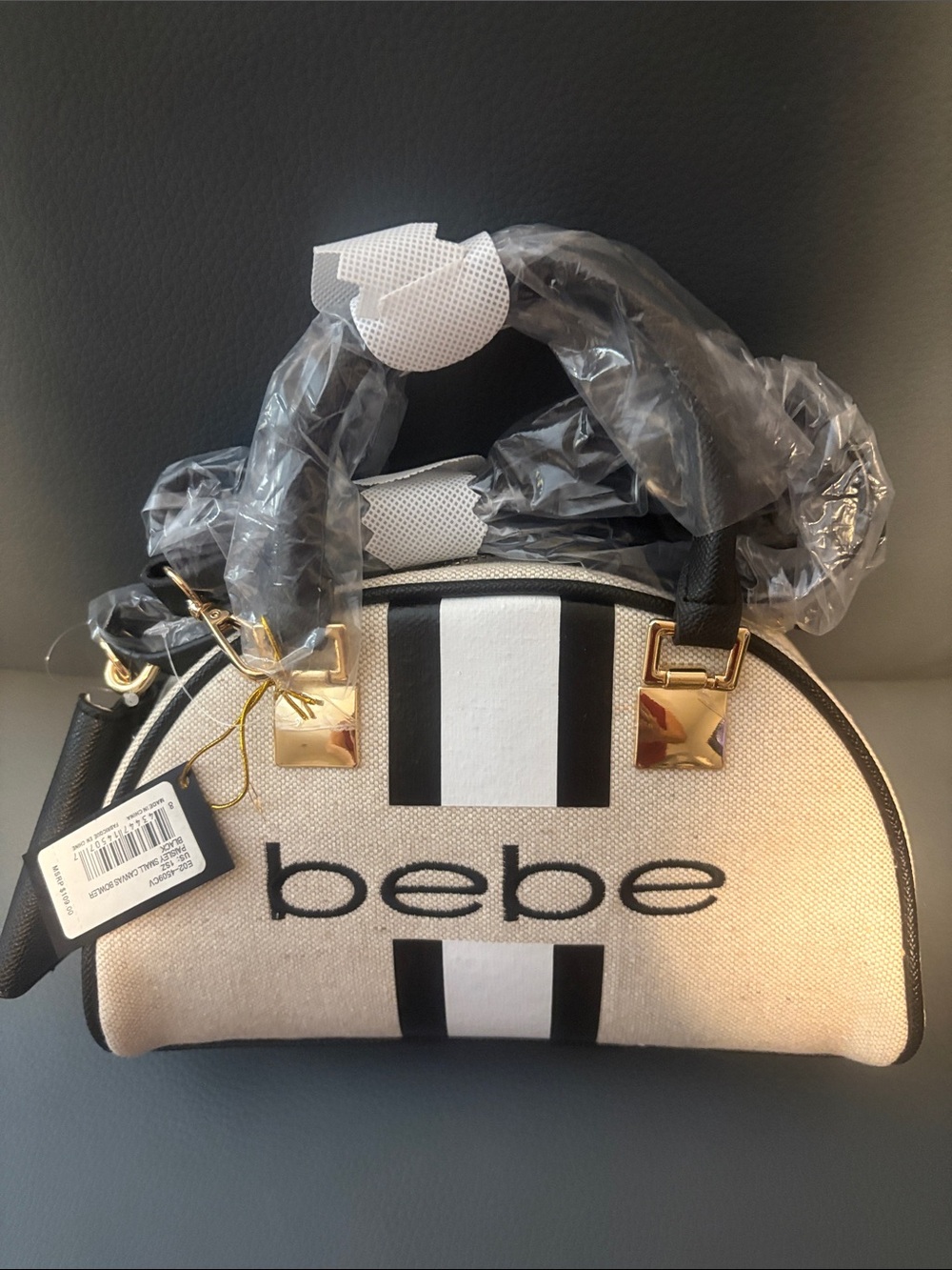 bebe Black & White Striped Dome Crossbody with Gold Hardware with accents - Picture 1 of 8